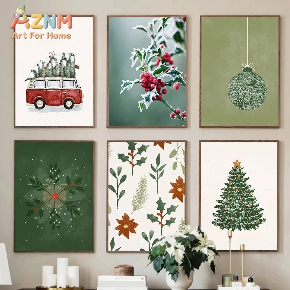 AZNM Boho Green Christmas Canvas Wall Art Xmas Tree Van Holly Berry Winter Festive Botanical Unframed Canvas Home Decor Painting