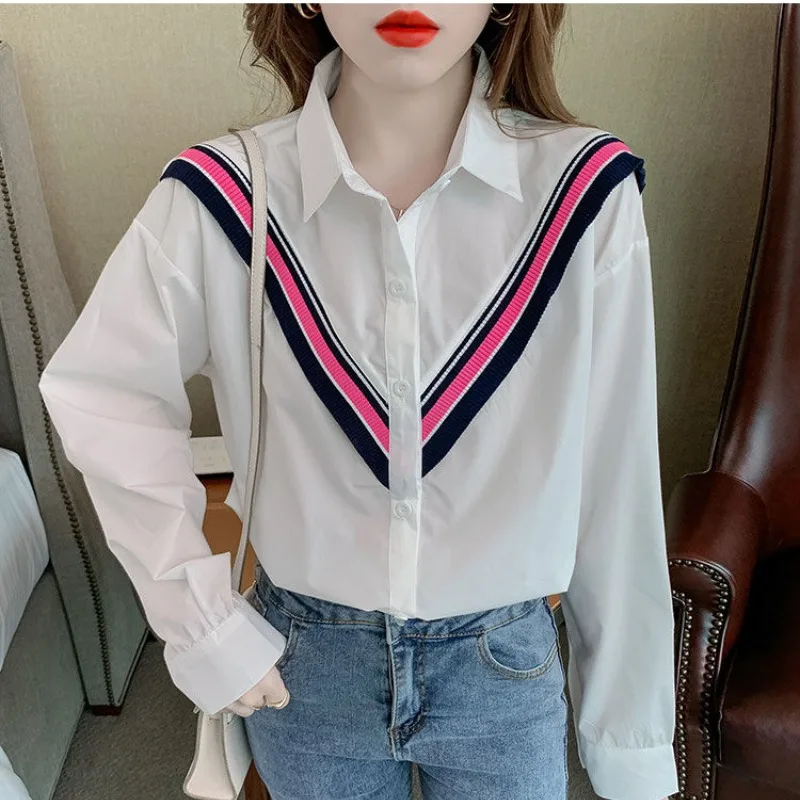 Fashionable Korean 2024 Spring Autumn New Spliced Striped Blouses Women\'s Commute Polo Collar Single-breasted Long Sleeve Shirts