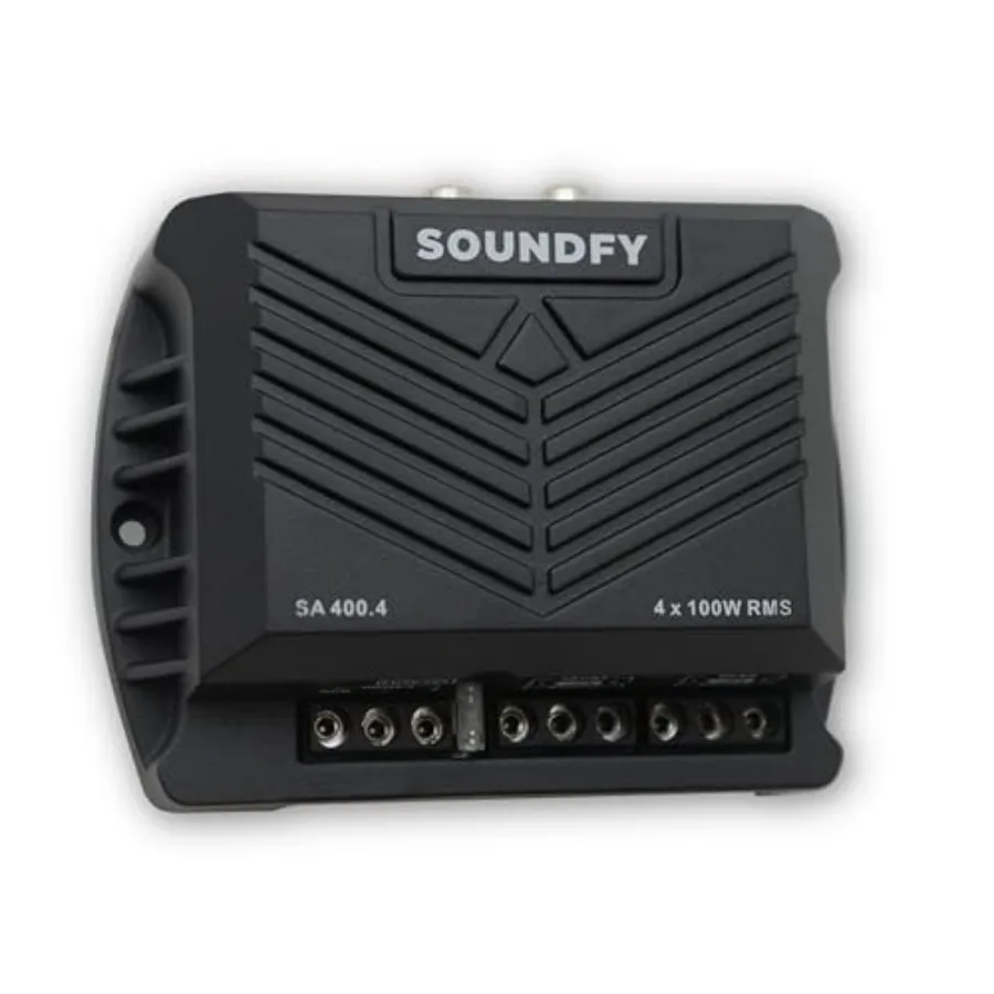

Car audio amplifier for compact vehicle installation, aluminum black chassis, 400W RMS 4-channel Class D amp with MOSFET power