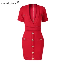 Hot Popular Classic Design Sexy V-neck Short Sleeve Bright Red Mini Women Street Knitted Dress with Shoulder Pads