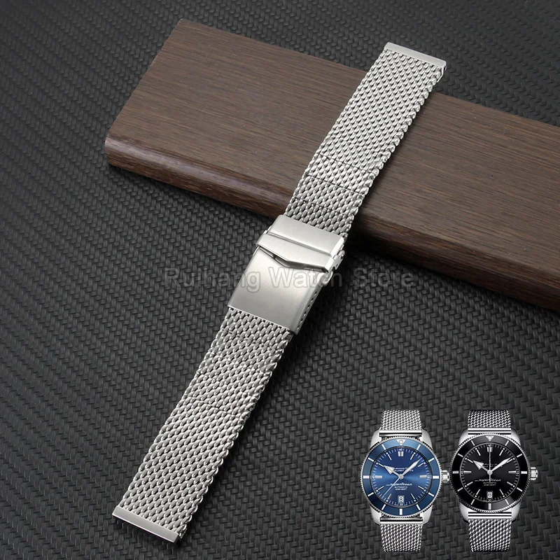 Fade Resistant Scratch Free Brushed 316L Stainless Steel Shark Mesh Watchband for Breitling Superocean Navitimer Avenger Silver
