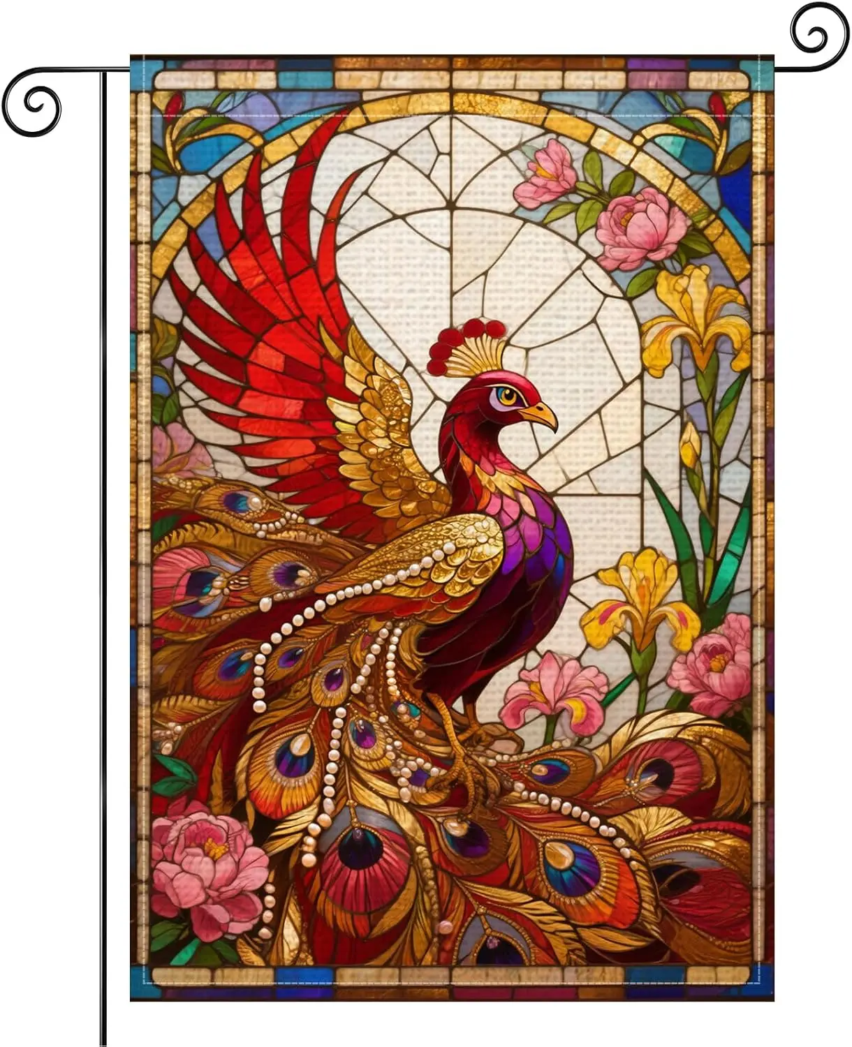 Peacock Feather Stained Glass Floral Garden Flag 12x18