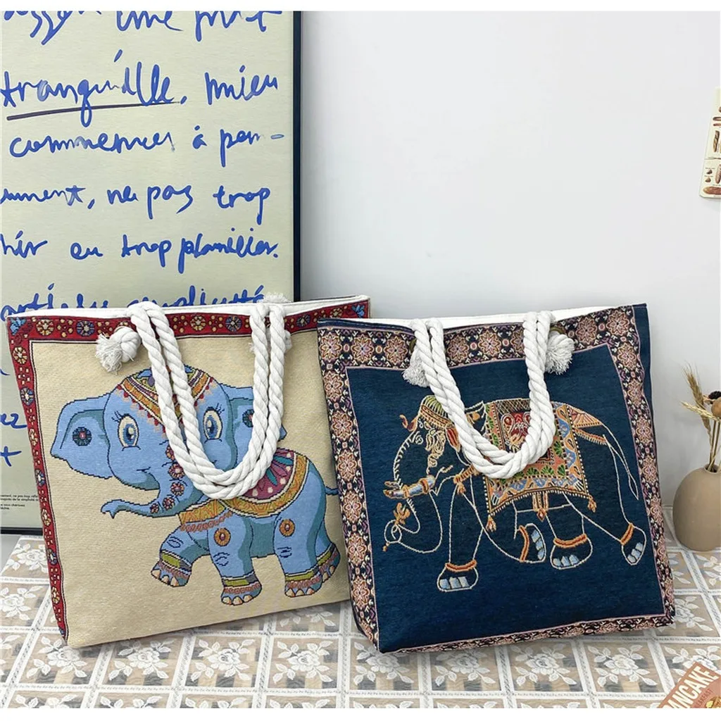 Canvas Messenger Bag Stylish Women'S Shoulder Bag Elephant Embroidered Bag Artistic For Mom'S Outing Short Distance Travel