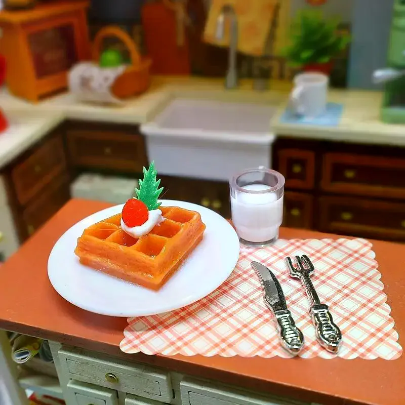 4Pcs Doll House Mini Kitchen Waffle Milk Set Miniature Handmade Food Toy Scene Props With Accessories Pretend Play Toys
