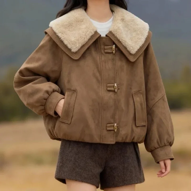 Lamb lapel splicing fleece thickened cotton-padded clothes short 2025 autumn and winter new models