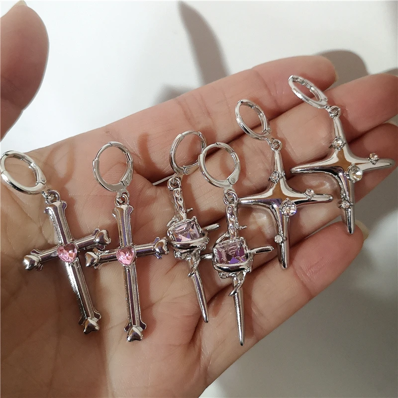 New Korean Fashion Vintage Cross Crystal Drop Earrings For Women Goth Charms Cute Punk Grunge Y2K EMO 2000s Jewelry Accessories