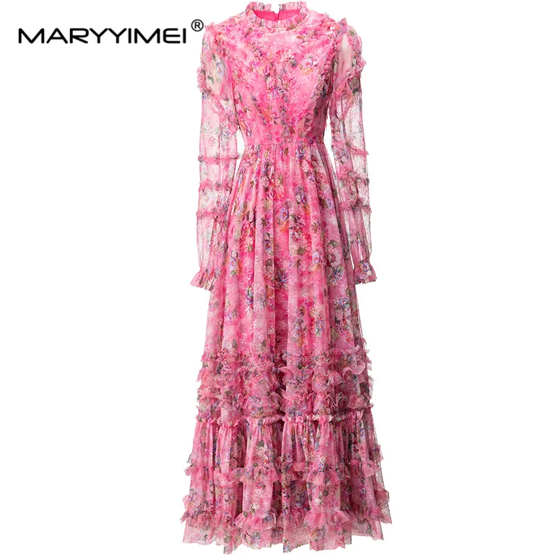 MARYYIMEI New Fashion Runway Designer Pink Dress Women's Ruffled Round Collar Long Sleeve Flower Print Fungus Edge Mesh Dress