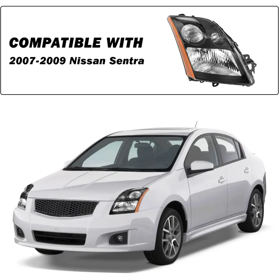 Conjunto de farol compatível com Nissan Sentra 20072009 para lâmpadas de segurança de condução noturna aprimoradas incluídas par de faróis pretos