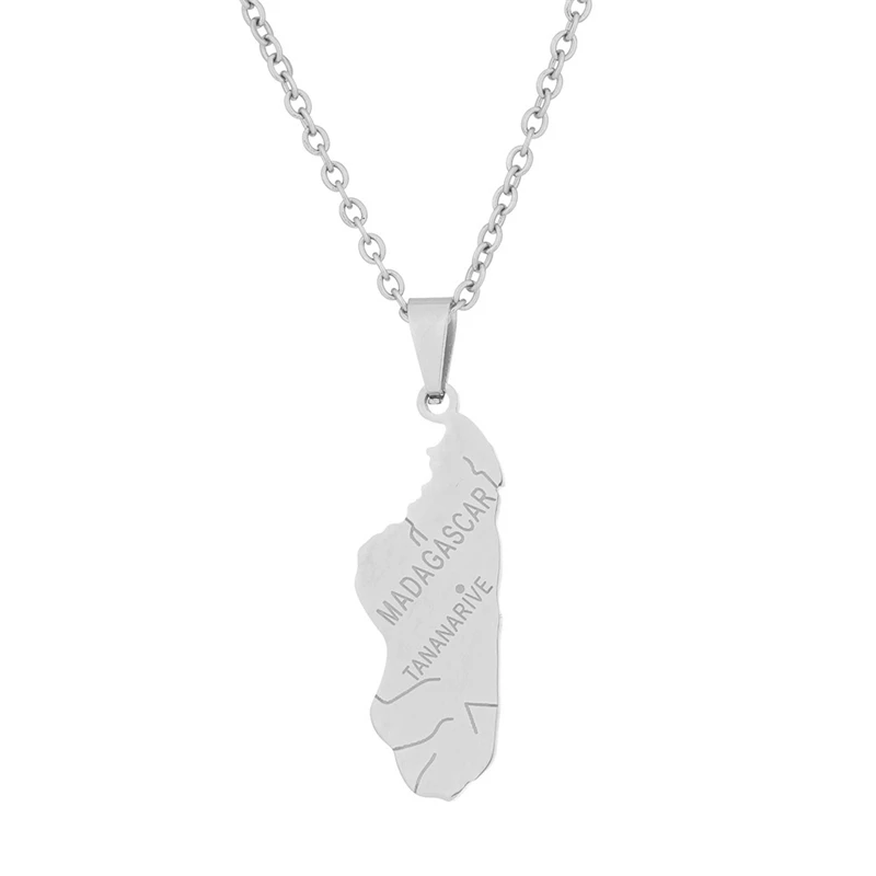 Madagascar Letter Map Pendant Necklace Stainless Steel Malagasy Country Capital Ethnic Chain Collar Clavicle Choker for Women