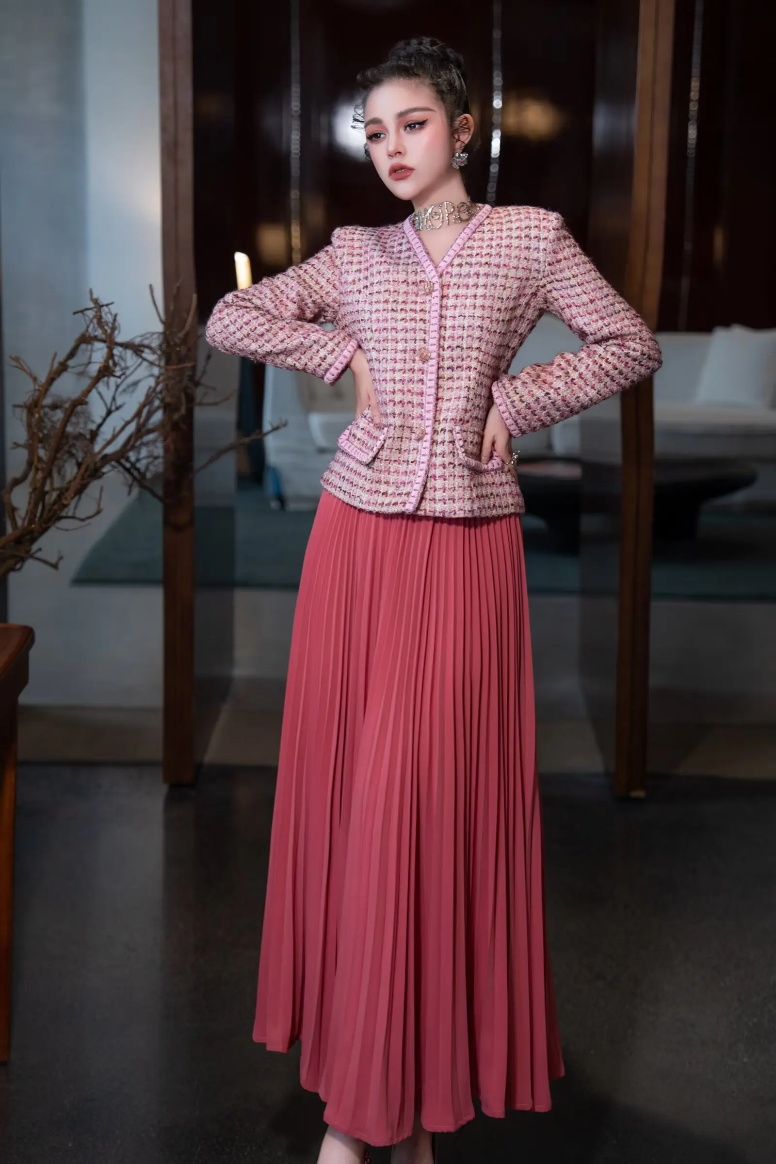 SEQINYY Pink Suit Spring Autumn New Fashion Design Women Runway V-Neck Vintage Weaved Jacket + Pleated Skirt High Street Office