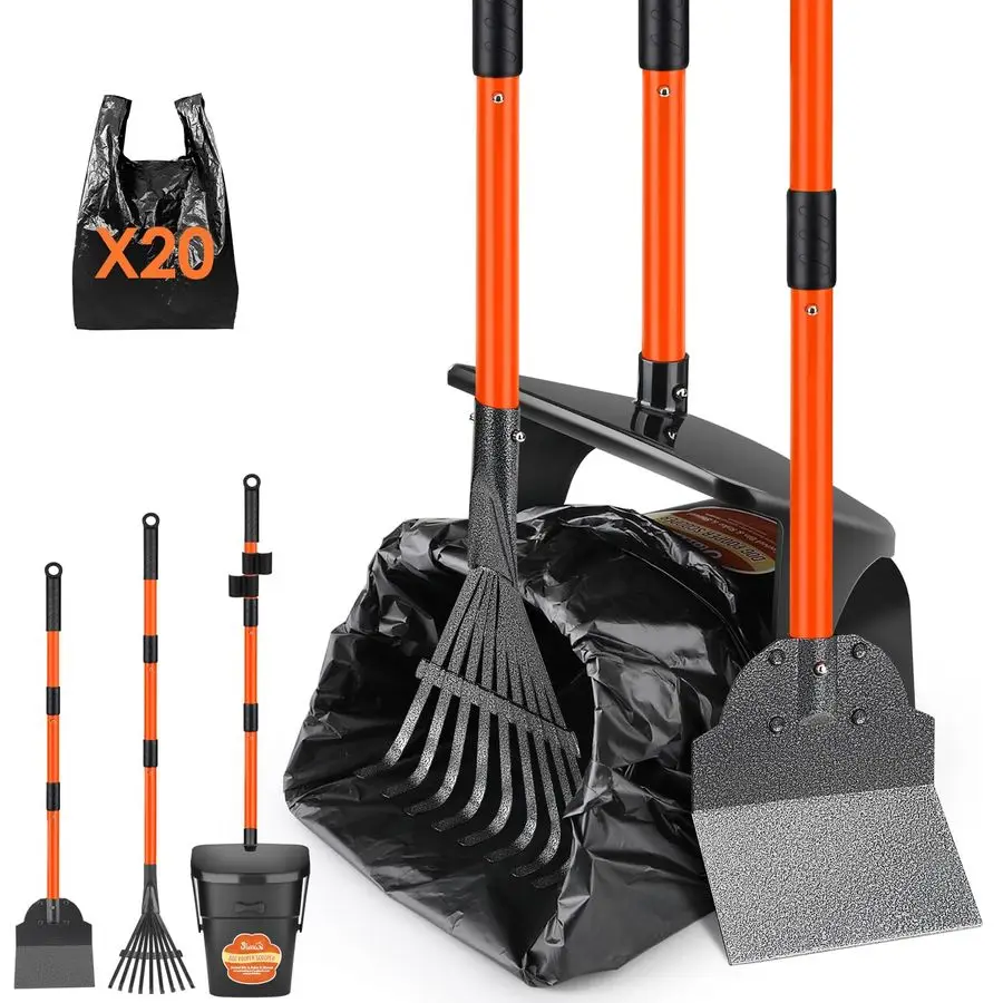 Dog Pooper Scooper 37,4 mango largo ajustable de Metal giratorio Bin amp rastrillo amp Kit de pala con 20 bolsas de basura, cuchara portátil para Pooper