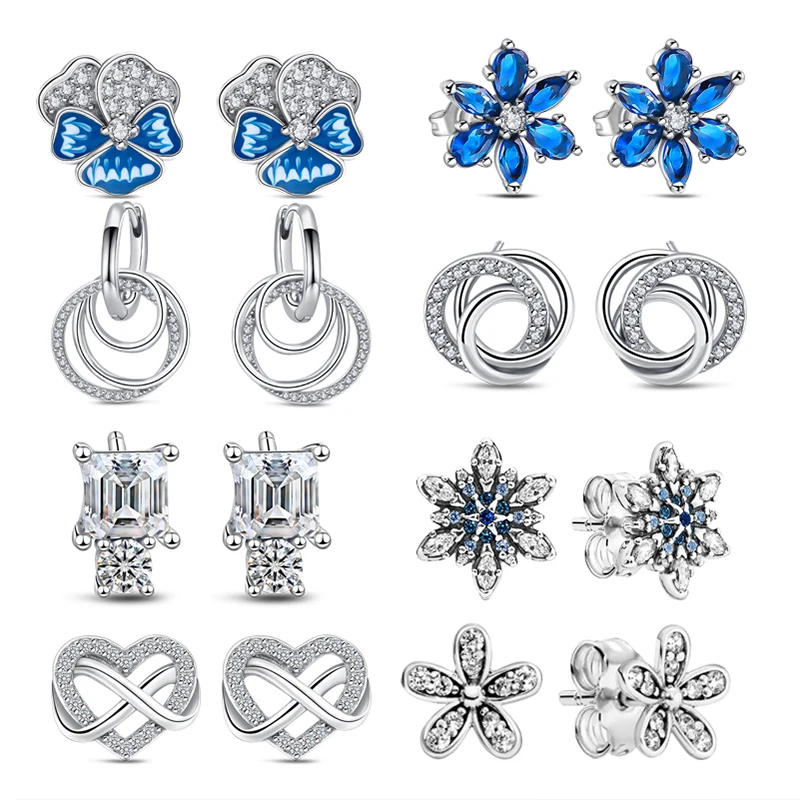 

100% стерлингового серебра 925 пробы, синий циркон, цветы, бабочка, бесконечное сердце, любовь, сверкающие очаровательные серьги-гвоздики для женщин и девочек, изящные ювелирные изделия