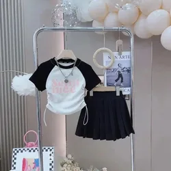 2-Piece Suits Children Girls Short Sleeves Top Pleated Skirt Letter Print Clothes Kids Casual Sets Teens Summer T-Shirt Outfits