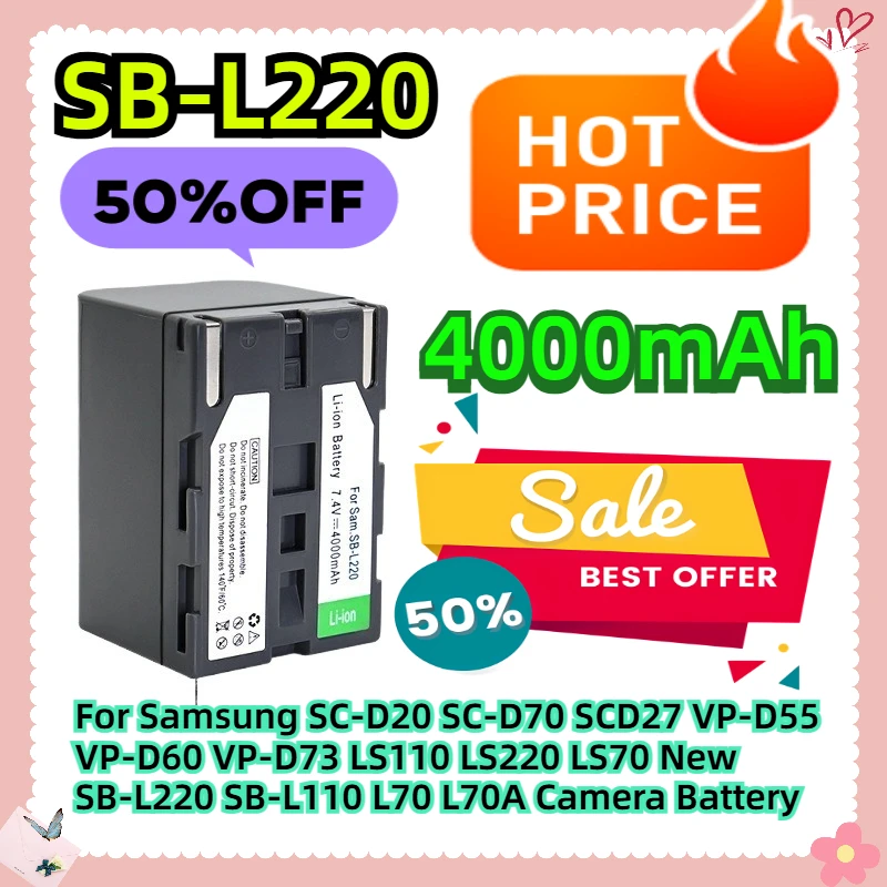 

4000mAh For Samsung SC-D20 SC-D70 SCD27 VP-D55 VP-D60 VP-D73 LS110 LS220 LS70 New SB-L220 SB-L110 L70 L70A Camera Battery