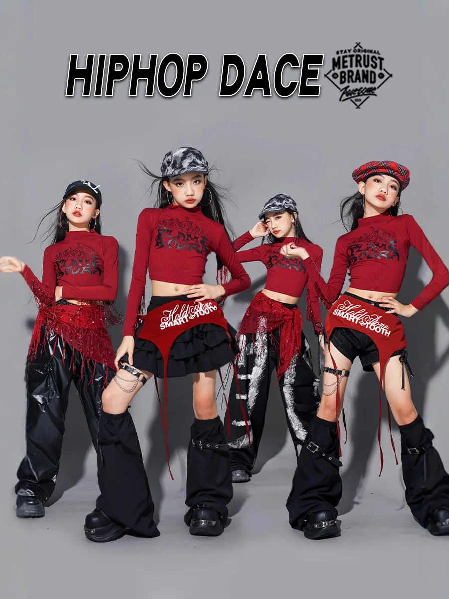 Jazz Dance Clothing Girls Kpop Stage Outfit Red Crop Top Black Shorts Children Performance Suit Hip Hop Street Dance Outfit