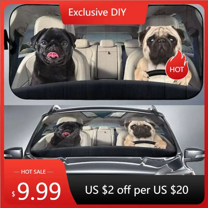 

Pugs Safe And Driver Auto Sun Shade Auto Cover Protector Window, Car Accessories, Custom Animal Pattern Sunshade, Personalized G