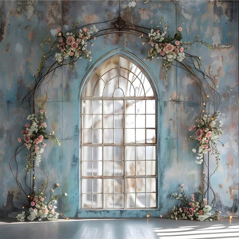 Mehofond 사진 배경 꽃 창 소녀 생일 파티, 출산 초상화, 웨딩 꽃 블루 벽 배경 포토콜