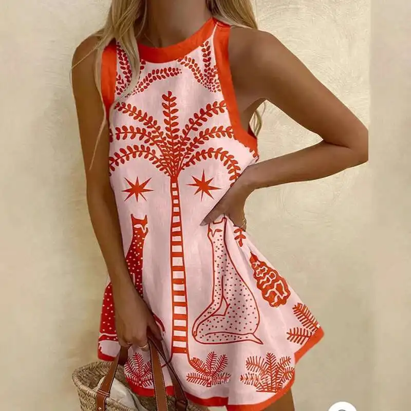 Zomer O-hals losse tank elegante vakantie Boheemse mini-jurken modepatroon bedrukte mouwloze damesjurk vestidos