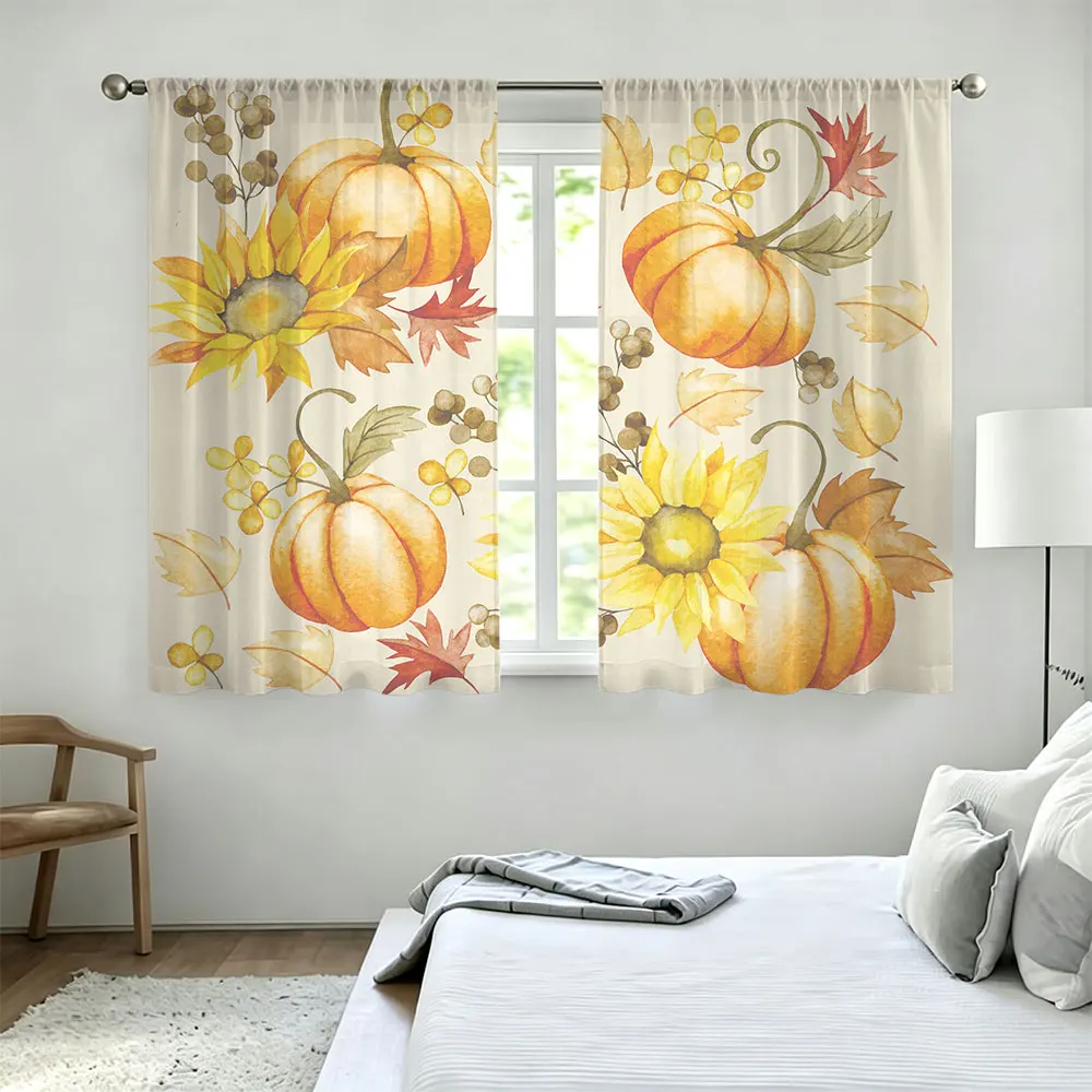 rod-mounted curtains, packaged 2pcs 90g, featuring watercolor designs of pumpkins, sunflowers,ideal for home decoration