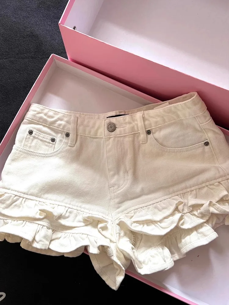 Y2K Ruffle Denim Shorts Women 2025 Summer Sweet High Waist White Hot Pants Vintage Loose Streetwear Aesthetic Girlcore Bottoms