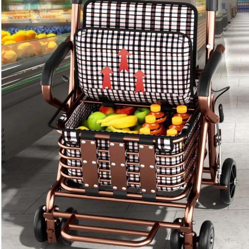 For Elderly Assisted Mobility Shopping Cart Foldable Trolley Dual Brake Anti-Slip Large Capacity Basket Convenient Grocery Cart