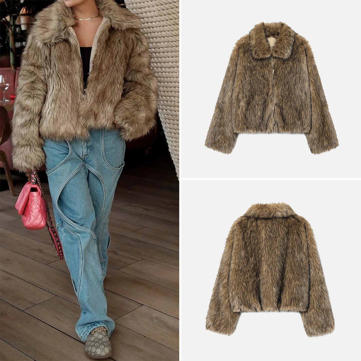

2025 Autumn New Sle Women's Casual Long Sve Faux Fur Coat Stand Collar Loose Fit ort Length Zipper Closure Daily Wear