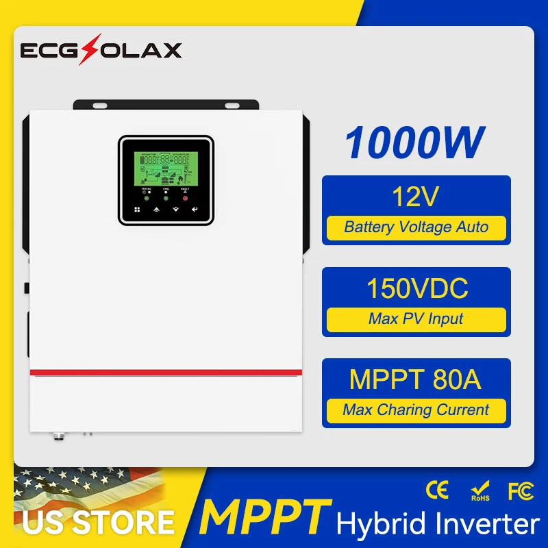 

ECGSOLAX 1KW Hybrid Solar inverter 12V Single-phase 220Vac With MPPT 80A Charging Controller Hybrid inverter 1000W Max PV 150VDC