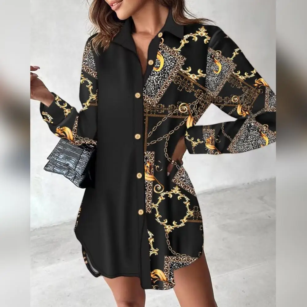 

Spring Dress Printed Asymmetric Hem Women's Mini Dress with Single-breasted Turn-down Collar Long Sleeve Buttons Patchwork Soft