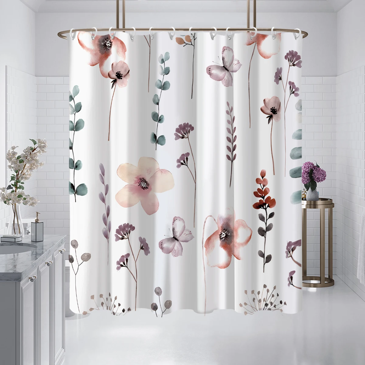 1 piece of 180x180cm pink ink floral digital printing shower curtain partition, bathroom waterproof and mold resistant