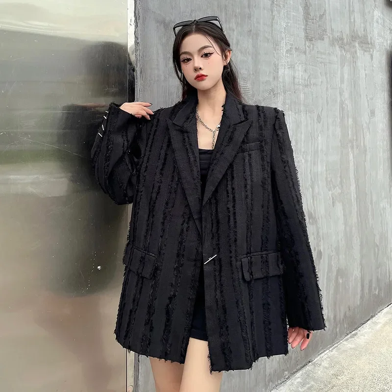 Spring Autumn Sense Of Design Suit Jacket Women 2024 New Fashion Loose Casual Coat Tassels Pure Colour Black Blazer Female