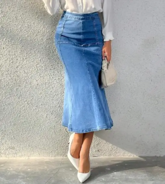 تنورة صيفية جديدة بتصميم ذيل السمكة المكشكش للنساء، بخصر مرتفع وشق أنيق، تنورة دنيم مرنة على شكل حرف A تبرز منحنيات الجسم