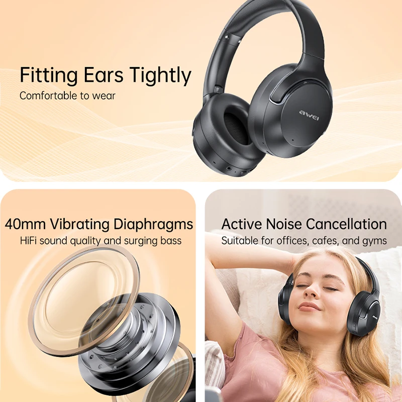 Awei AT2 ANC Wireless Headphones Over-Ear 30dB ANC Headphone Bluetooth 5.3 40mm Dynamic Driver Long Battery Life Earphones