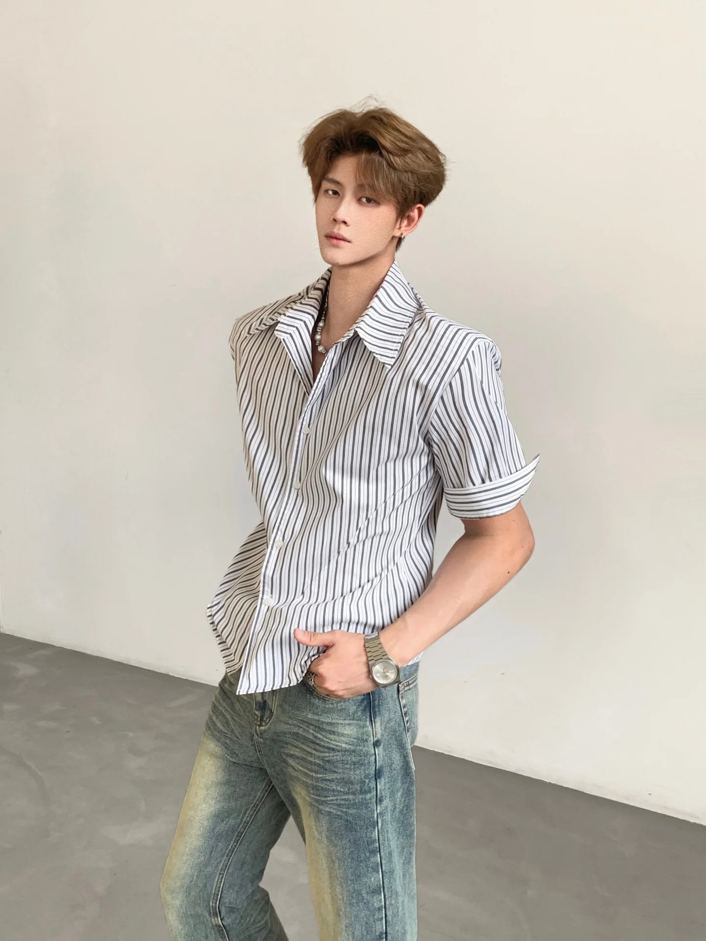 Ace Vintage Cleanfit Striped Shirt Men's Gentleman Loose Waist Design Iron-Free Shirt Fashionable Urban Style Short Sleeve