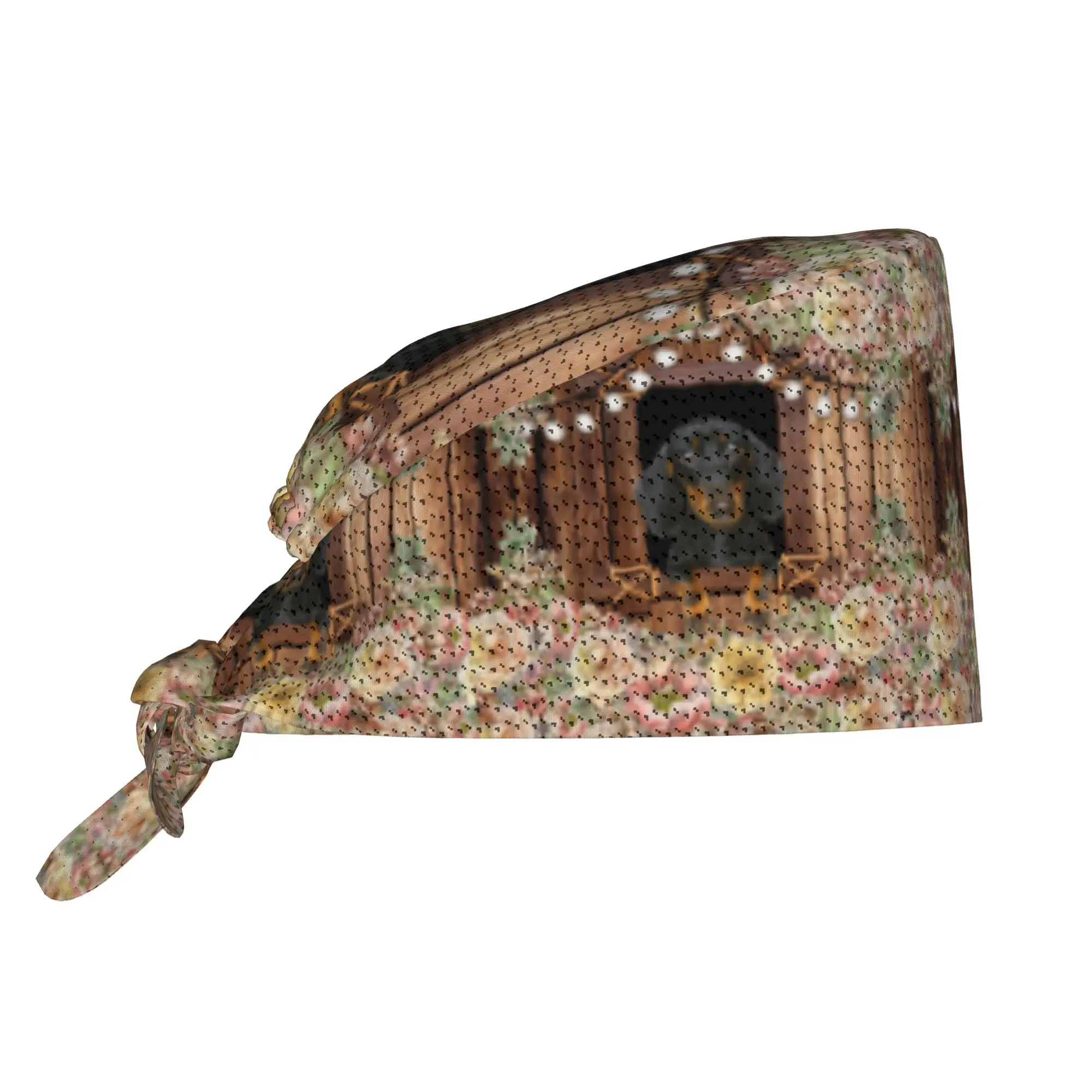 Dachshund Dog And Floral Pattern Breathable Surgical Scrub Hat Nursing Hair Hats Badger  Work Scrubs Hat for Hospital Pharmacy