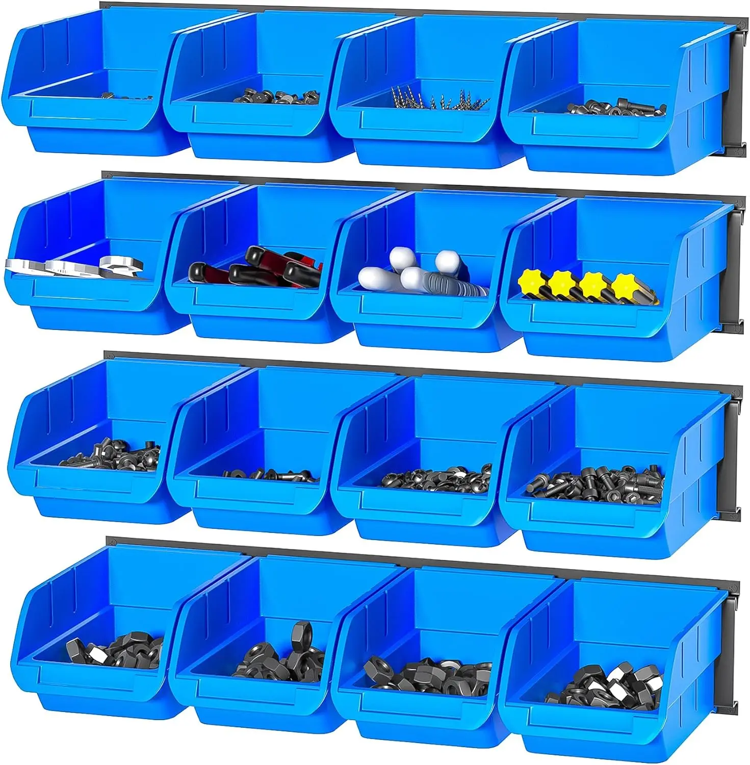 

Wall Mounted Storage Organizer with 16 Bins & 4 Rails for Garage Tools, Screws, Nails - Blue