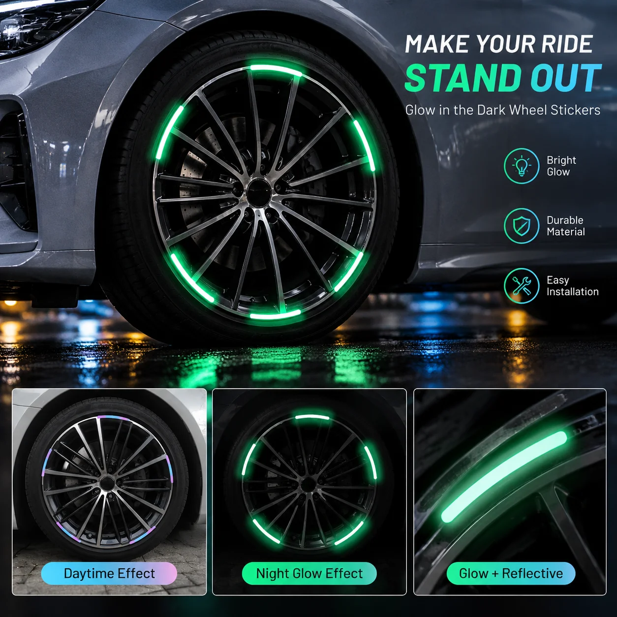 20PCS Car Wheel Hub Reflective Stickers, Laser Rainbow Rim Decals, Fluorescent Green Night Warning Stickers for Car Motorcycle