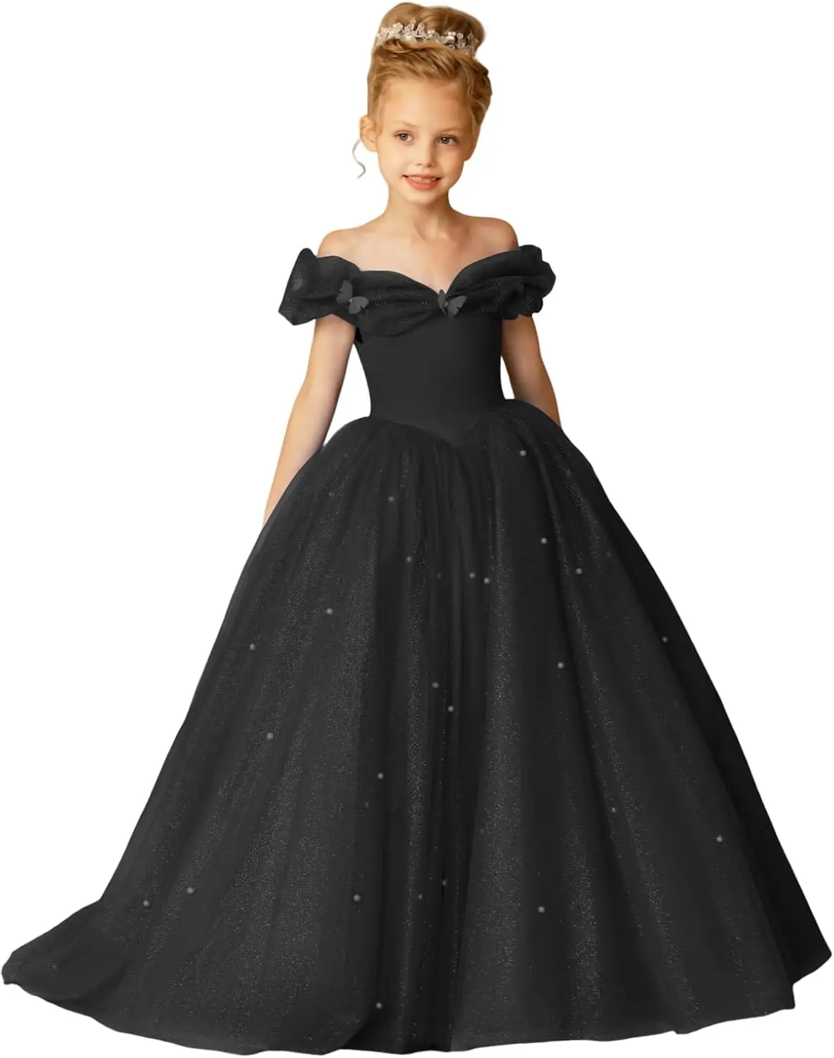 أنيقة قبالة الكتف زهرة فتاة فساتين منتفخ تول مهرجان ثوب سباركلي اللؤلؤ الرسمي مساء حزب اللباس الكرة ثوب