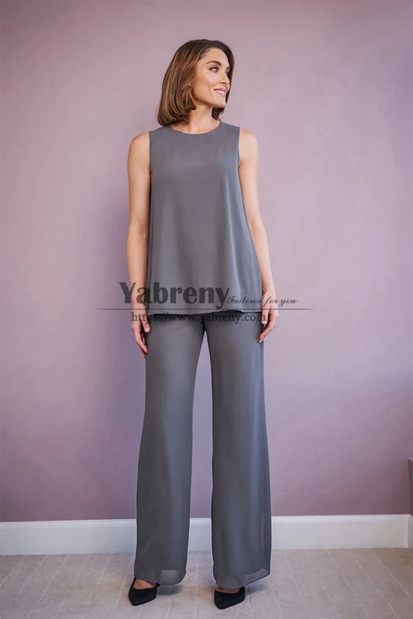 Pantalon trois pièces en mousseline de soie pour mère de la mariée, costume gris, tenues de printemps pour femmes, sous 100