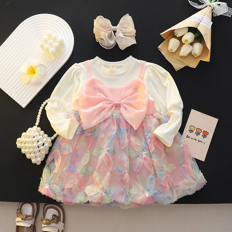 Baby Girl Dress Spring And Autumn Mesh Flower Bow Girl Princess Dress Girl Clothing