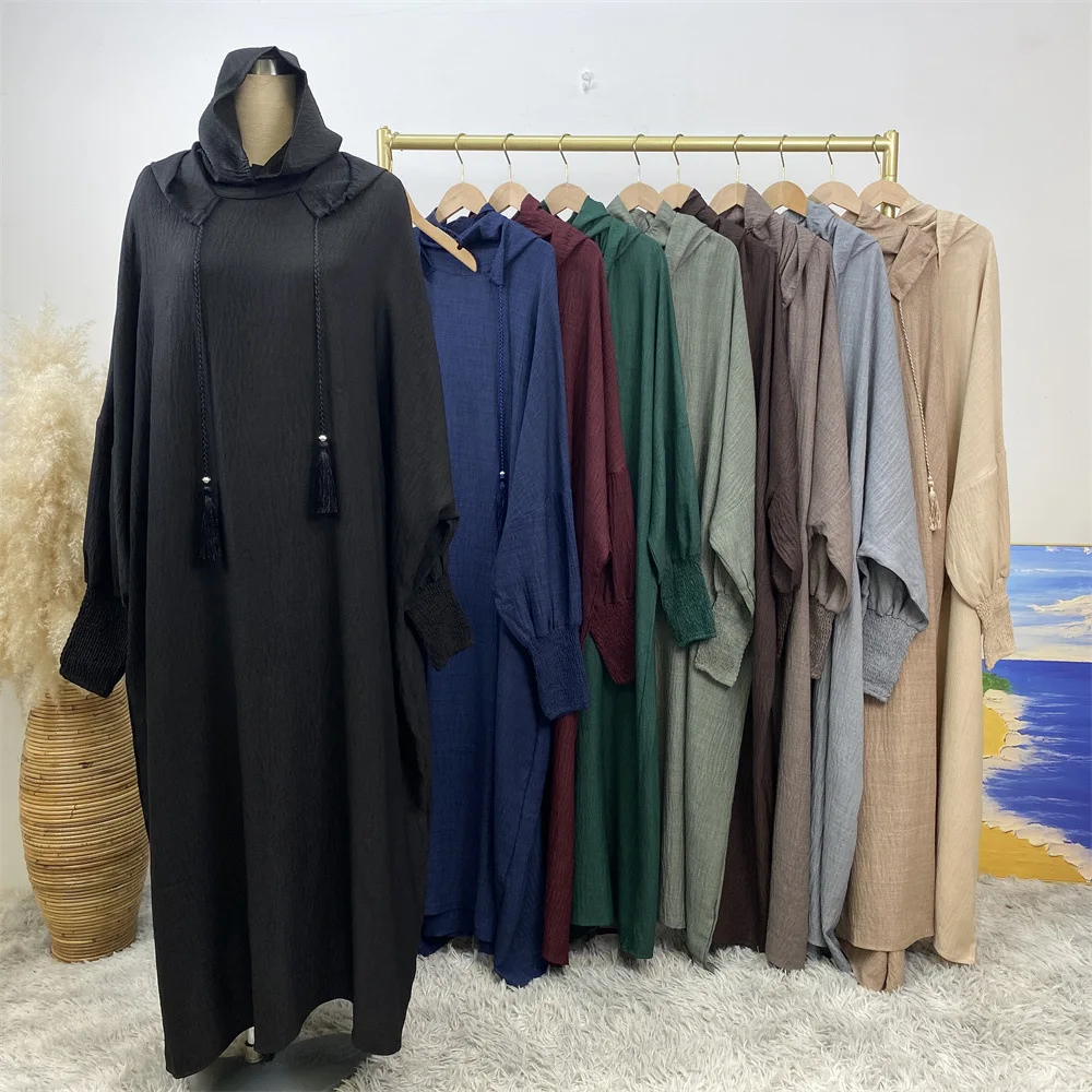 Hot Seller Ramadan Islamic Clothing Wrinkle Polyester Hoodie Abaya Dress with Undercap Muslim Women Abaya Hoodie Causal Dresses
