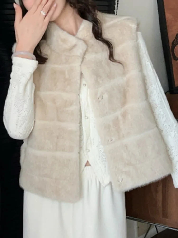 سترة نسائية من الفرو الصناعي من ZMEENNA بدون أكمام ملابس خارجية منفوشة أشعث تصميم شريطي أفقي قطعة طبقات دافئة ZM4451 #2