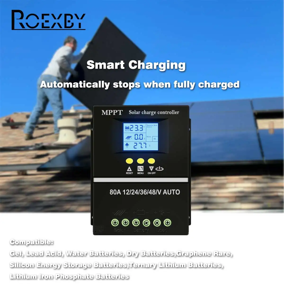 

Контроллер заряда солнечных батарей ROEXBY 80A MPPT (12В, 24В, 36В, 48В) с двумя USB-портами и регулятором напряжения для солнечных панелей
