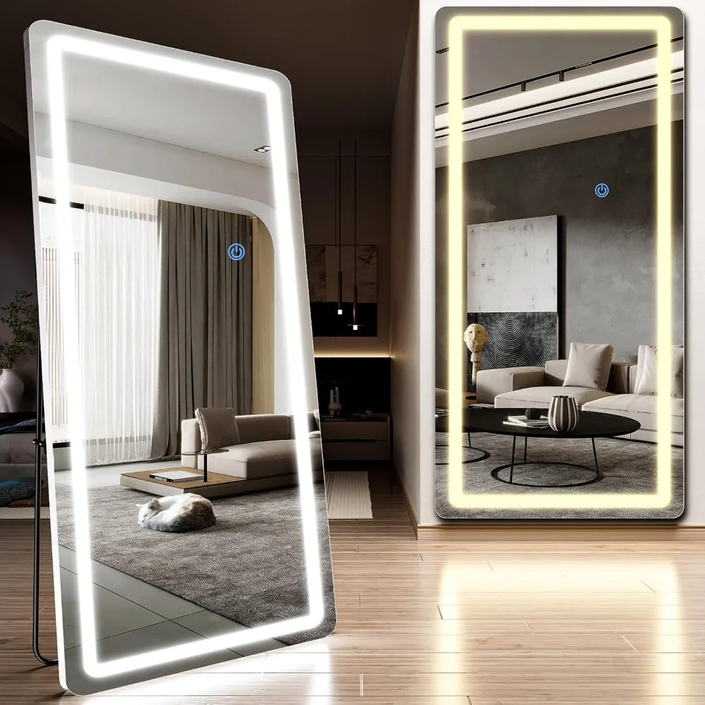 

Светодиодное зеркало в полный рост, напольное зеркало 76 x 34 дюйма с закругленными углами, регулируемая яркость освещения — 3 цветовых режима, зеркало в полный рост, стоящее L
