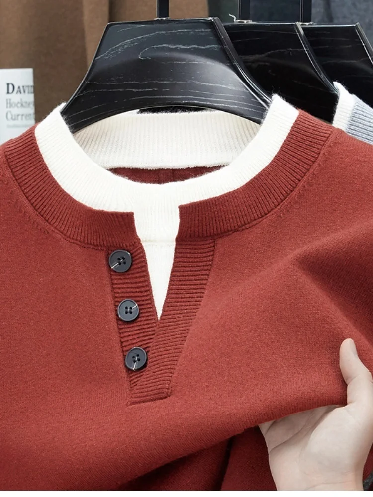 2025年秋 メンズセーター 長袖 ニット プルオーバー クルーネック フェイクツーピース プルオーバー ミニマリストファッション カジュアル 多用途