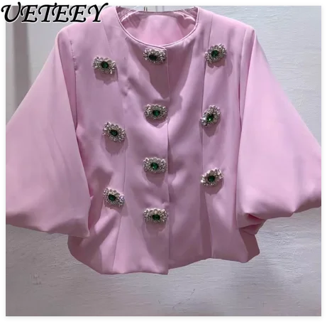 

Французский стиль, однотонные базовые пуговицы, базовый костюм, пальто, женский повседневный женский тонкий костюм с круглым вырезом и рукавами-фонариками, осенняя модная одежда