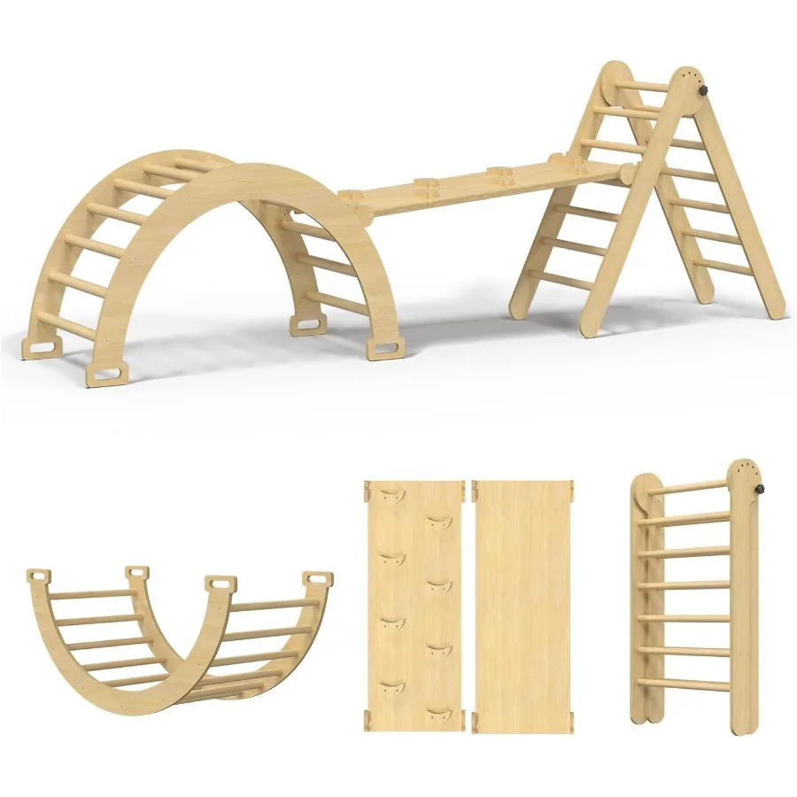 

5 in 1 Montessori Pikler Triangle Climbing Set Large Indoor Foldable Wooden Baby Climbing Gym Climber with Arch Slide for Toddl