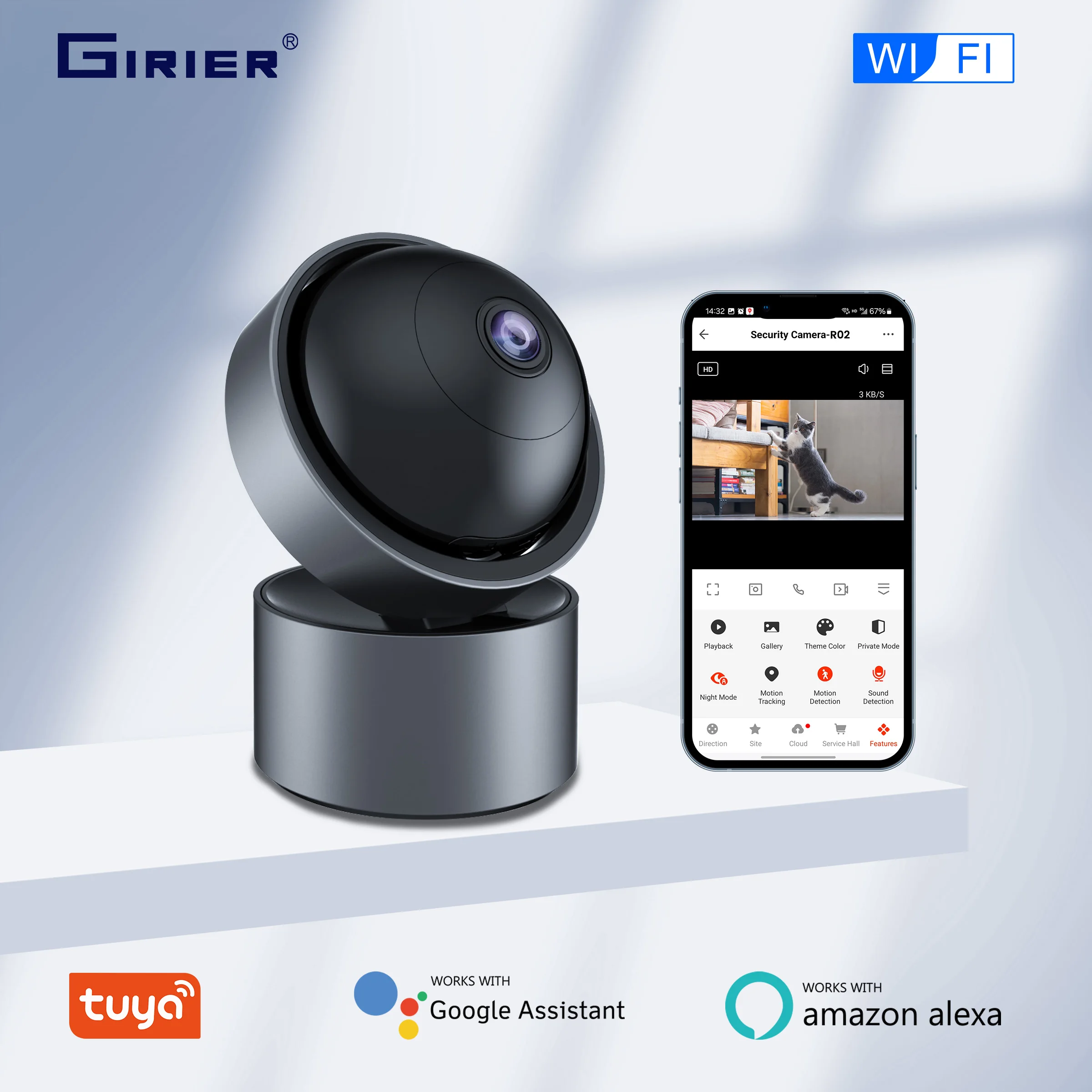 

GIRIER Tuya WiFi Smart Security Camera 3MP Indoor IP Camera for Baby/Pet Monitor Supports Motion Tracking 2-way Talk Works Alexa