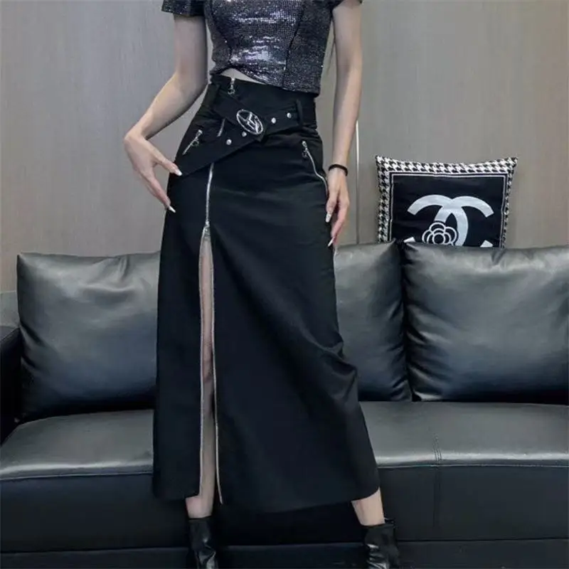 2026 New Women Dark Style High Waist Midi Skirt Fashion Zipper Split Bodycon Pencil Skirt Black Casual Skirt With Free Belt