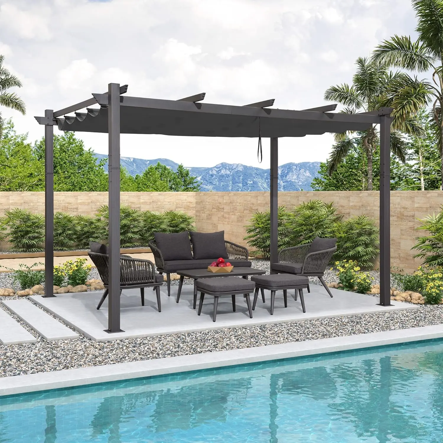 10' X 12' Outdoor Retractable Pergola with Sun Shade Canopy Patio Metal Shelter for Porch Garden Beach Pavilion Grill Gazebo