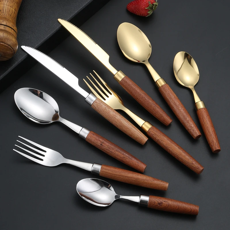 

4 Pcs Cutlery Set with Wooden Handles Gold Stainless Steel Knife Fork Spoon Teaspoon Dinnerware Set Tableware Kitchen Utensils